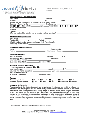 new patient information form - Avanti Dentistry