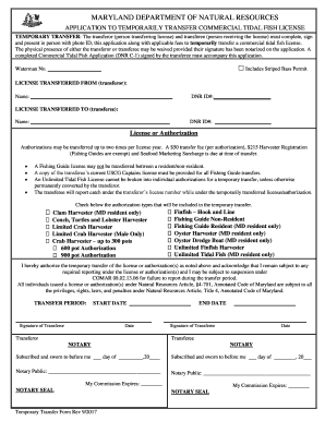 APPLICATION TO TEMPORARILY TRANSFER COMMERCIAL TIDAL FISH LICENSE