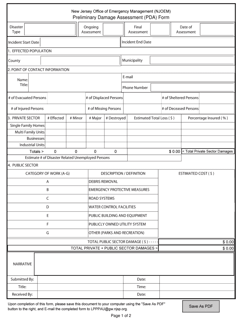 Fillable Online ready nj Preliminary Damage Assessment (PDA) Form New Jersey Fax Email