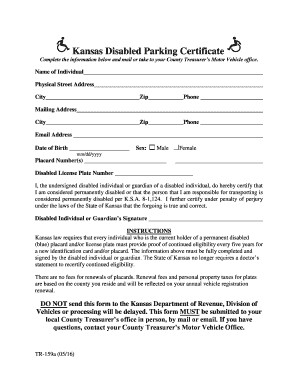 Fillable Online www ksrevenue Kansas Disabled Parking Certificate - TR ...