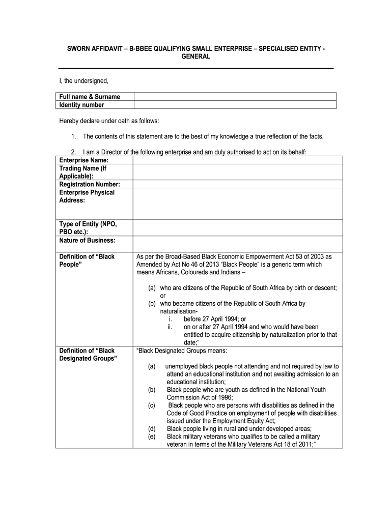 Fillable Online SWORN AFFIDAVIT B BBEE QUALIFYING SMALL ENTERPRISE 