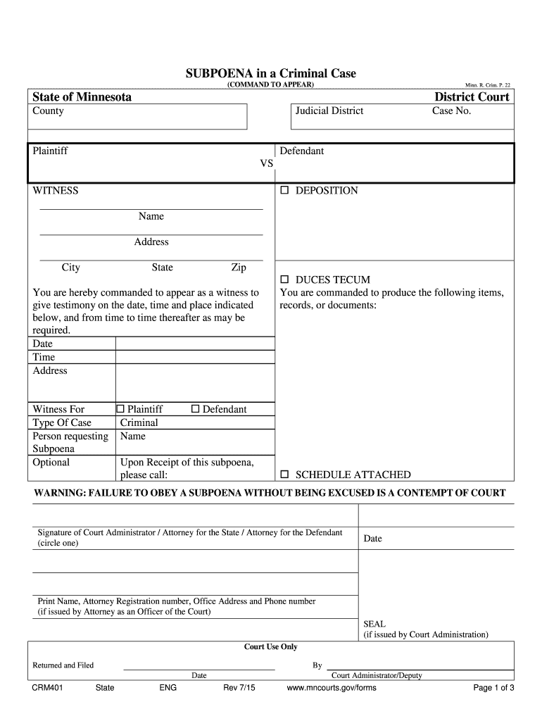 minnesota subpoena form Preview on Page 1