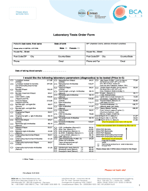 Fillable Online Laboratory Tests Order Form 1 - BCA Lab Fax Email Print ...