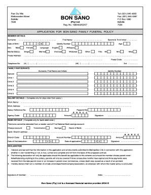 application for bon sano family funeral policy