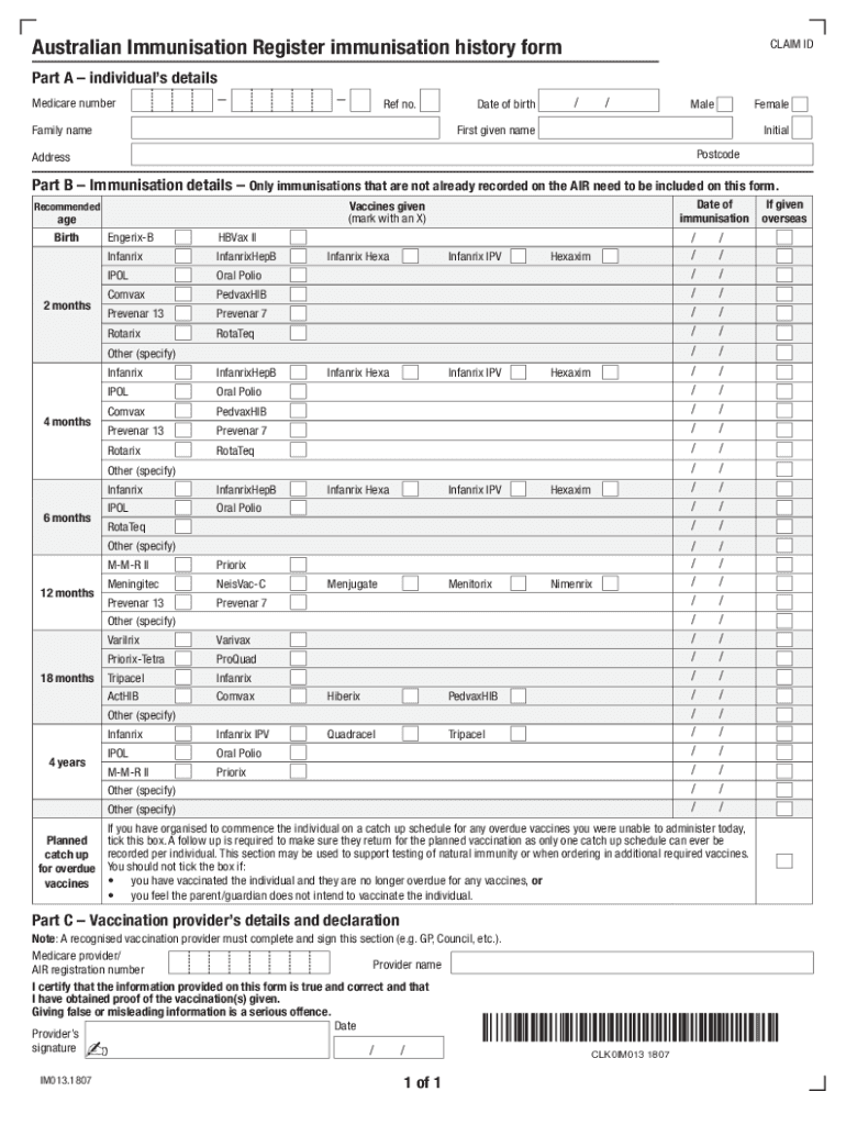 immunisation register form Preview on Page 1.