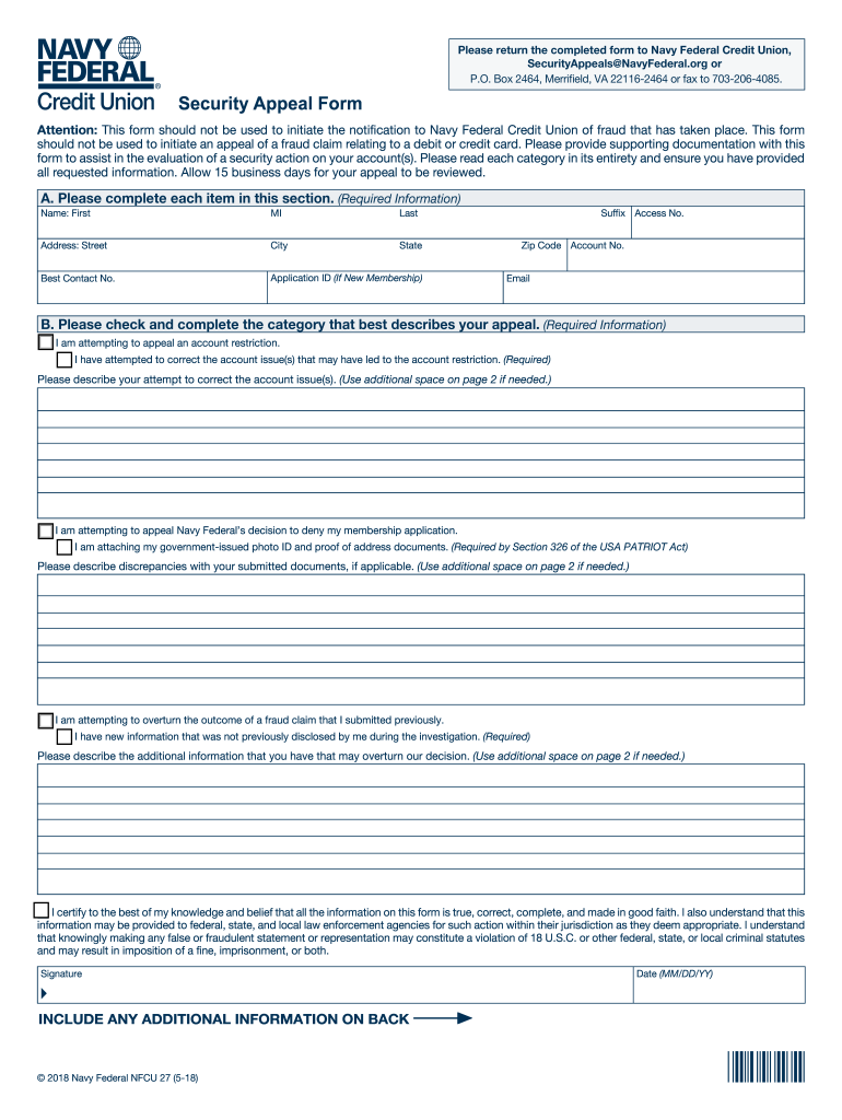 Navy Federal Security Appeal Form Fill Online, Printable