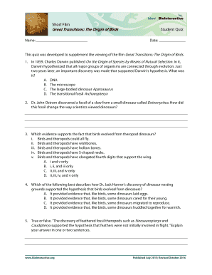 Great Transitions: The Origin of Birds Student Quiz