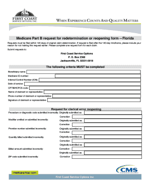 Request for redetermination of a Part B claim for Florida. Minor clerical errors or omissions can be corrected more quickly outside of the formal appeal process. Use this interactive form to help ensure your request is processed accurately.