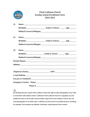 Fillable Online Christ Lutheran Church Sunday School Enrollment Form ...