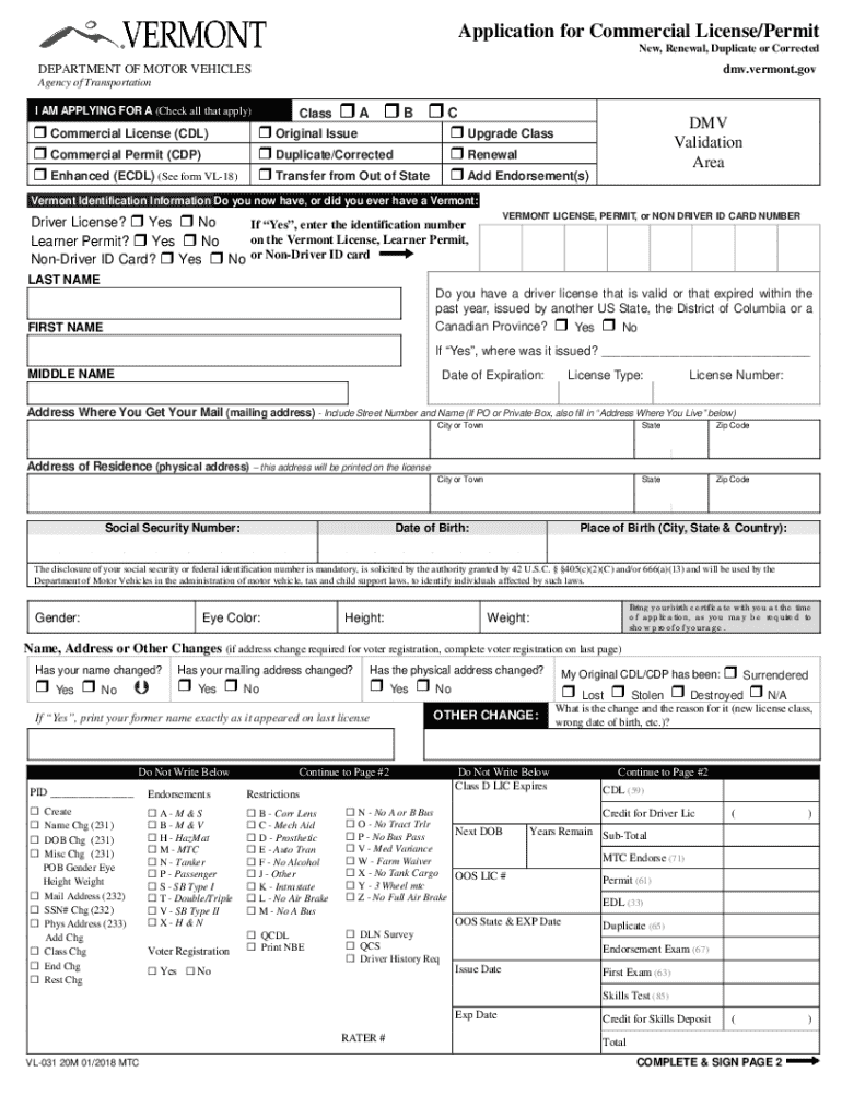 vt dmv form vl 031 Preview on Page 1