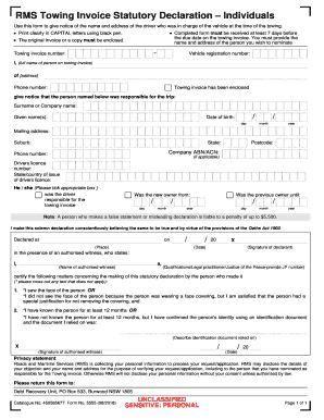 Towing Invoices Statutory Declaration - Individuals. Towing Invoices Statutory Declaration - Individuals Catalogue No. 45065677 - Form No. 5555