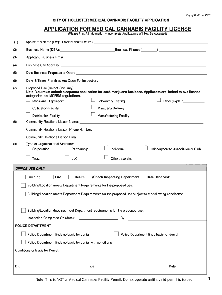 Fillable Online hollister ca APPLICATION FOR MEDICAL CANNABIS FACILITY LICENSE Fax Email Print ...