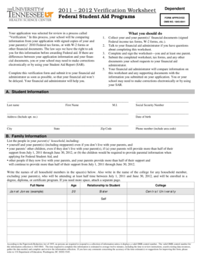 2011-2012 Verification Worksheet Dependent Federal Student Aid