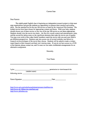 Eighth Grade Movie Research Permission Slip