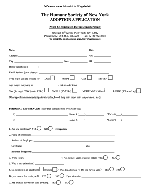 Humane Society of New York Pet Adoption Application