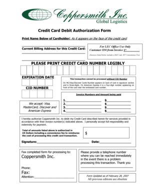 Credit Card Debit Authorization Form