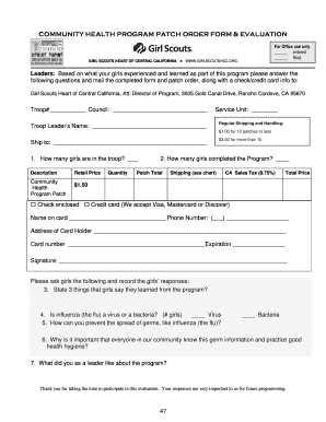 Girl Scouts Health Program Patch Order Form