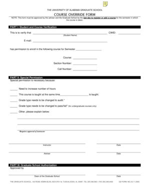University of Alabama Graduate School Course Override Form