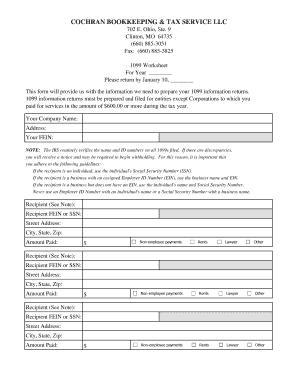1099 Information Return Worksheet