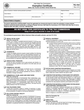 Utah Sales Tax Exemption Certificate TC-721