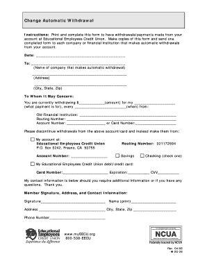 Change Automatic Withdrawal Form