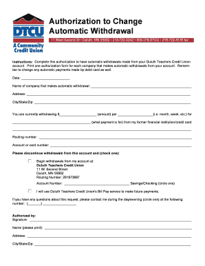 Authorization to Change Automatic Withdrawal