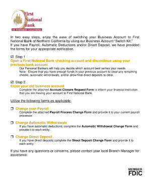 First National Bank of Northern California Business Account Switch Kit