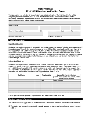Cottey College 2014-15 Verification Worksheet