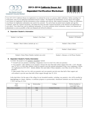 2013–2014 California Dream Act Dependent Verification Worksheet