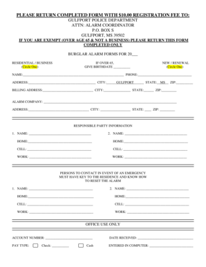 Gulfport Burglary Alarm Registration Form