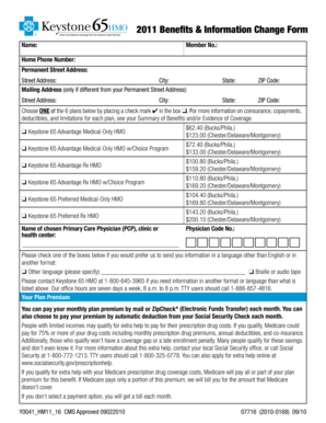 2011 Keystone 65 HMO Benefits Change Form