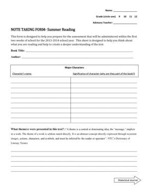 Summer Reading Note Taking Form