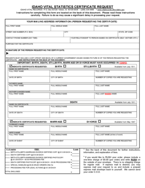 Idaho Vital Statistics Certificate Request