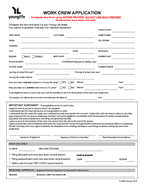 Young Life Work Crew Application