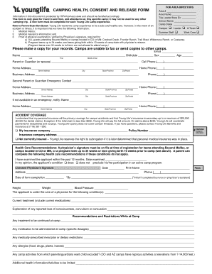 Young Life Camping Health Consent and Release Form