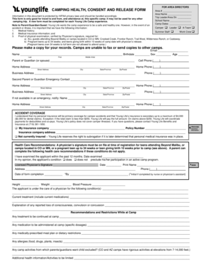 Young Life Camping Health Consent and Release Form