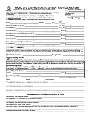 Young Life Camping Health Consent and Release Form
