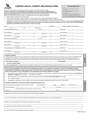 Camping Health Consent and Release Form for Area Directors