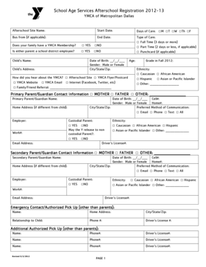 YMCA Afterschool Registration Form