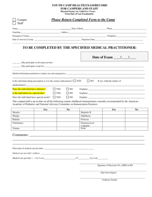 Youth Camp Health Exam Form