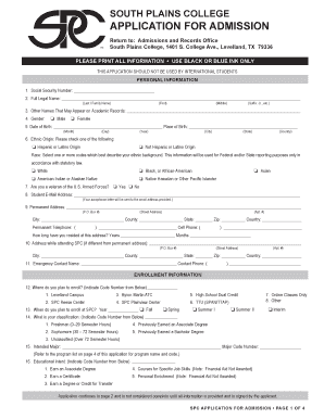 South Plains College Major Programs of Study Application for Admission
