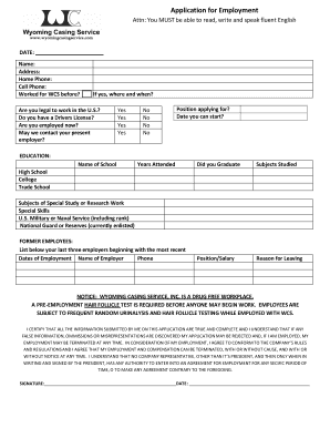 Wyoming Casing Service Employment Application