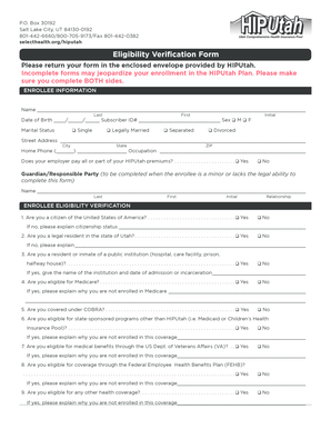 HIPUtah Eligibility Verification Form