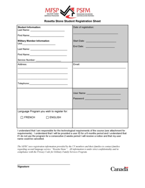 Rosetta Stone Student Registration Sheet