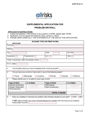 Supplemental Application for Problem Drywall