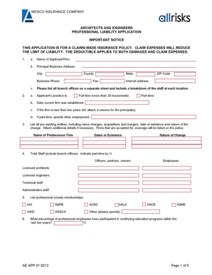 Architects and Engineers Professional Liability Application