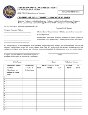 Mississippi Certificate of Authority/Appointment Form