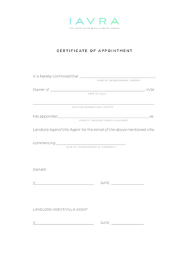 Villa Rental Agent Appointment Certificate