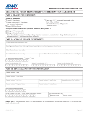 American Postal Workers Union Health Plan EFT Authorization Agreement