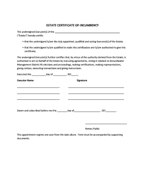 Estate Certificate of Incumbency